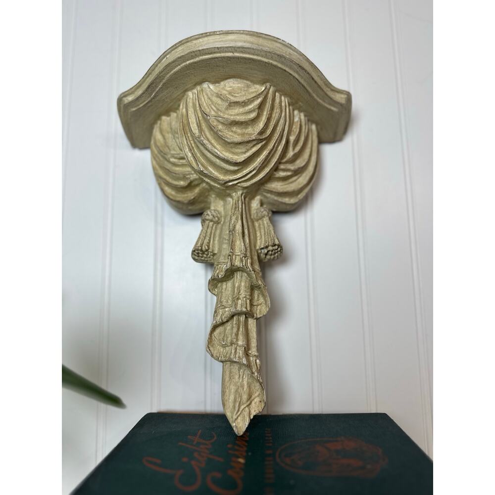 Vintage Painted Cast Resin Wall Shelf Drape Tassel Neoclassical Ant White 12”